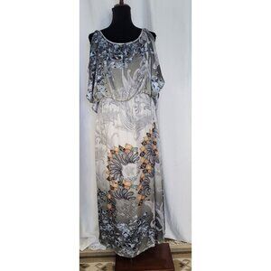 Soft Surroundings Gray Floral Blouson Cold Shoulder Maxi Dress Paisley Boho Sz L